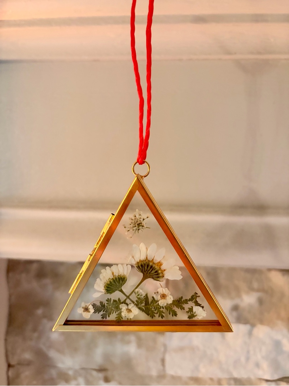 Gold Triangle Pressed Flowers Ornament with Red Cord, 3.15”